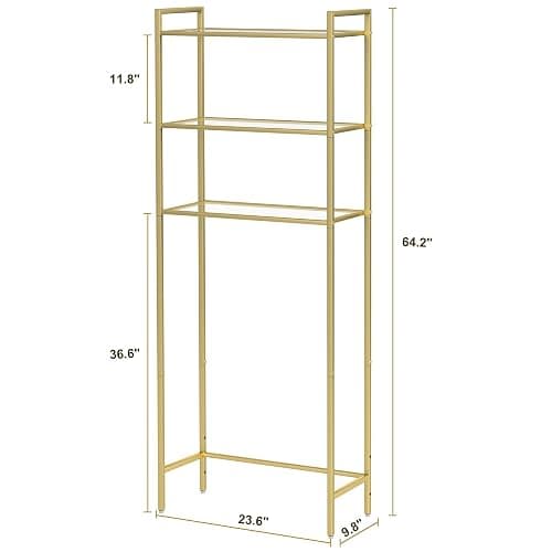 Homhedy Over The Toilet Storage, Metal 3-Tier Over-The-Toilet Bathroom Organizer Rack, Tempered Glass Shelves, Space-Saving, for Bathroom, Restroom, Laundry, Modern Style, Golden thumbnail 3