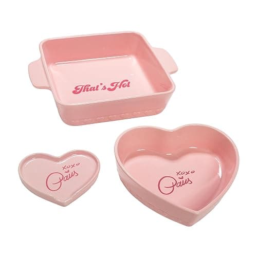 Paris Hilton 3-Piece Ceramic Baker Set, Iconic Stoneware with Square & Heart Bakers and Spoon Rest, Microwave/Oven/Freezer Safe, Durable Bakeware for Everyday Cooking & Serving, Pink - Image 1