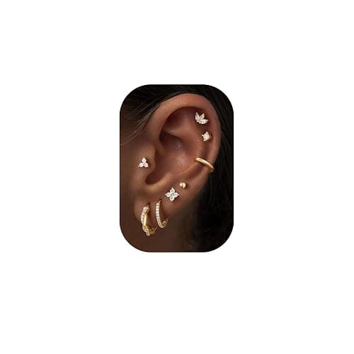Turandoss 8 Pairs Hypoallergenic Gold Hoop Earrings for Women Trendy | Dainty 14K Gold Plated Huggie Hoop Stud Earrings for Women, Flat Back Earrings Set for Multiple Piercing - Image 1
