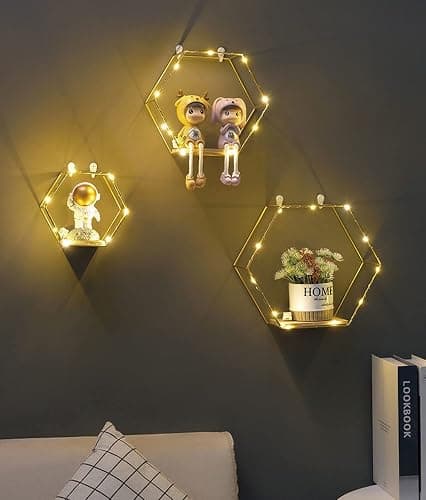 Liywall - Hexagon Floating Shelves Wall Decor, Gold Metal Wire and Wood Wall Mounted Storage Shelf Home Decorations Art for Bedroom Living Room Kitchen Bathroom, Set of 3 with LED Lights - Gold thumbnail 2