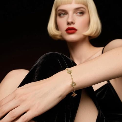 FidelongJH Four Leaf Clover Bracelet for Women 18K Gold Plated Stainless Steel Lucky 4 Leaf Gold Link Bracelet Trendy Jewelry Gift for Women thumbnail 3