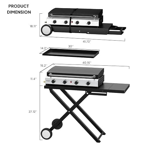 ROVSUN 4 Burner Foldable Propane Griddle with Wheels, Enameled Tray & Lid, 40000 BTU Portable Rolling Flat Top Gas Grill with Electronic Ignition & Regulator for Outdoor Cooking Camping BBQ Tailgating thumbnail 3