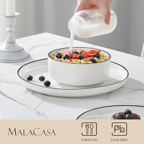 MALACASA Plates and Bowls Sets, 12 Pieces Modern Porcelain Dinnerware Set for 4 White Kitchen Dinner Dining Ware Set wtih Black Rim Ceramic Dishware Dishes Microwave and Dishwasher Safe, Series LUNA thumbnail 4