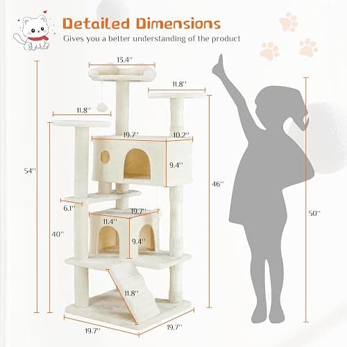 Sweetcrispy 54-inch Cat Tree Tower with Scratching Posts, Indoor Use | Multi-Level Indoor Cat Tree Condo with Climbing Ladder, Plush Toy, Play House for Kitten, Beige thumbnail 3
