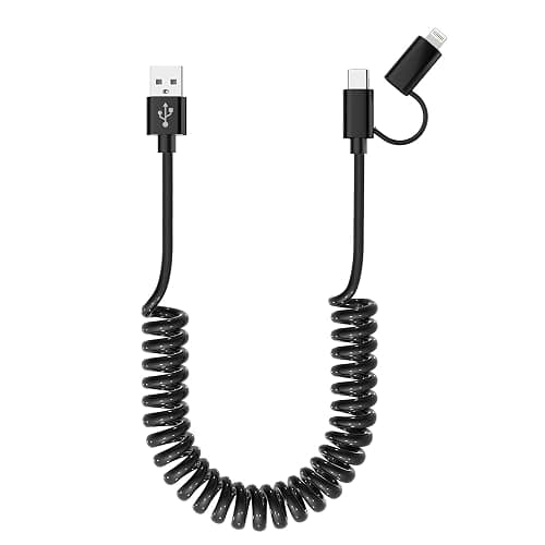 USB to USB-C and Lightning Cable Combo 2 in 1 Coiled Cable Ap ple Carplay & Android Auto Compatible[MFi & 3A Fast Charge & Data Sync] Coiled Lightning and USB C Cable for iPhone 15/14/13/12/Android - Image 1