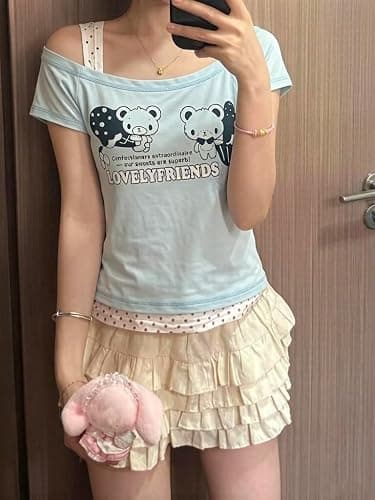 Kawaii Cutecore Harajuku Y2k 2000s Tops Summer Preppy Aesthetic Alt Goth Emo Short Sleeve Graphic Tees thumbnail 7
