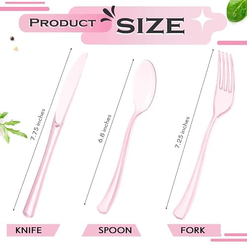 150 Pieces Disposable Cutlery Set Plastic Silverware Heavy Duty Utensil Sets 50 Forks 50 Knives 50 Spoons for Home Office School Party Picnics Restaurant Outdoor Events or Every Day Use (Pink) - Pink thumbnail 2