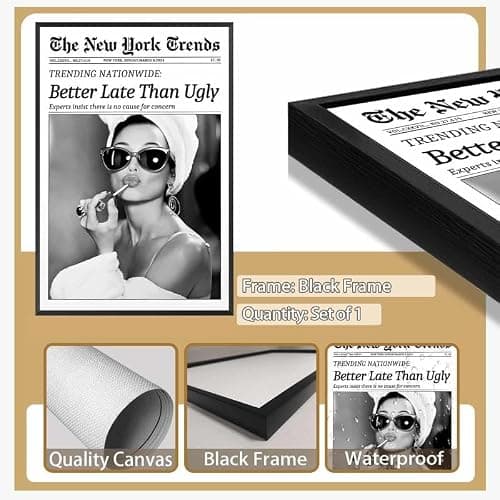 Framed Better Late Than Ugly Wall Decor Newspaper Audrey Hepburn Wall Art | Vintage Black and White Fashion Poster Chic New York Trends Glam Quote Canvas Print for Bedroom Bathroom Dorm 8x12inch thumbnail 3