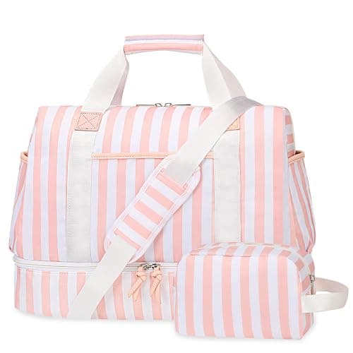 Bosidu Stripe Weekender Overnight Bags for Women - 2Pcs Carry On Travel Duffle Bag with Shoe Compartment - Pink - Image 1