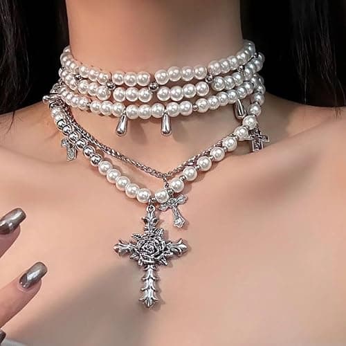 KURTCB Layered Pearl Cross Jewelry Set Statement Chunky Y2k Gothic Pearl Necklace and Earrings Bracelet for Women thumbnail 6
