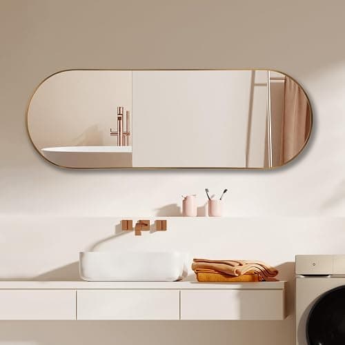 Niccy 65"×22" Oval Full Length Mirrors, Long Wall-Mounted Mirror with Aluminum Frame, Large Body Mirrors for Living Room, Explosion-Proof Hanging Wall Mirror for Bathroom Bedroom Entryway Decor, Gold thumbnail 9