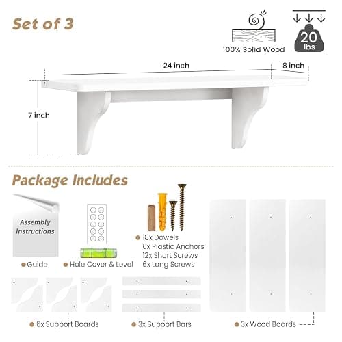 Forbena 24 Inch Wall Shelves for Bedroom Set of 3, Large Bathroom Floating Shelves for Wall, Long Decorative Hanging Arched Shelving Unit for Living Room Kids Girls Room Nursery Office (White) thumbnail 2