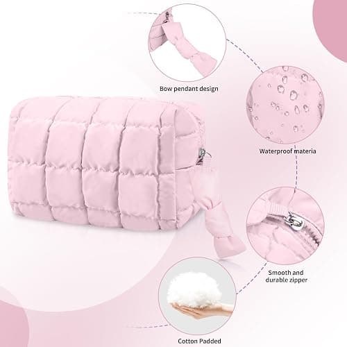 Gosect Puffy Quilted Makeup Bag, Cute Checkered Cosmetic Bags with Divider, Waterproof Travel Toiletry Bag, Make up Pouch for Women & Girls Travel Essentials (Bow, Pink, Medium) thumbnail 5