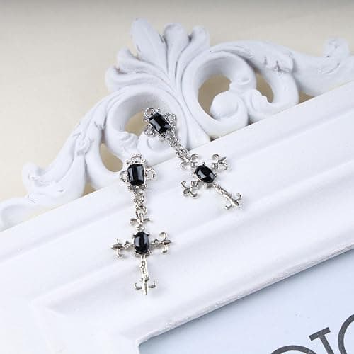 Andelaisi Boho Black Cross Drop Stud Earrings - Vintage Onyx Dangle Silver Star Gothic Gemstone Religious Christian Jewelry for Women thumbnail 6