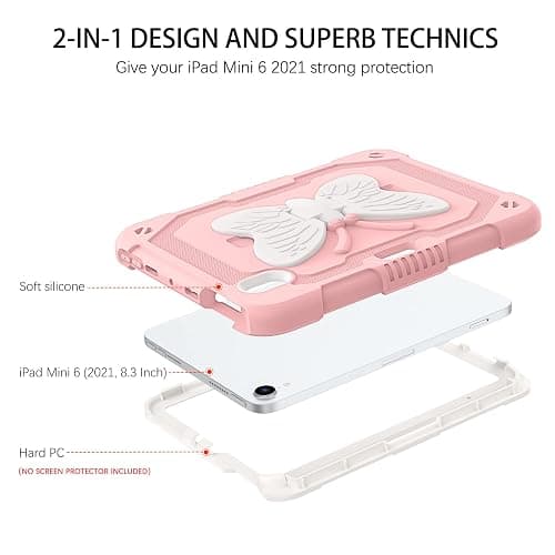 DUEDUE Case for iPad mini 7 (A17 Pro) 2024,iPad mini 6 Case 2021, Butterfly Wings Kickstand with Pencil Holder Shockproof Protective Tablet Case for iPad mini 7th/6th Gen Kids, Beige/Pink thumbnail 2