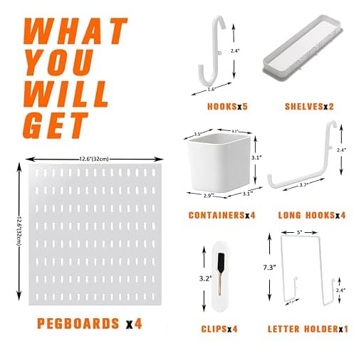 VEOFEMLEA Peg Board Combination Kit, 4 Pegboards with 20 Accessories, Pegboard Wall Organizer for Office, Nursery & Home Storage, Key Holder, 25.6"x25.6" – Nail-Free Installation（White） thumbnail 3