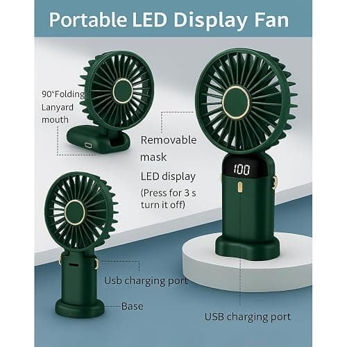 AMPMG LED Digital Display Rechargeable Fan – Portable Handheld & Desk Fan with Adjustable Speeds, USB Charging, Quiet Operation, and Base Stand for Home, Office, Travel and Outdoor Use (Green) thumbnail 4
