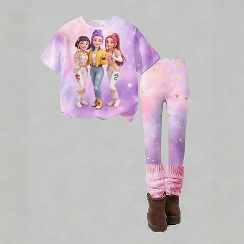 K Pop Outfits Set for Girls Short Sleeve T-Shirt and Long Pants Cute Cartoon Print Graphic Tees Merch Costume 2 Piece thumbnail 6