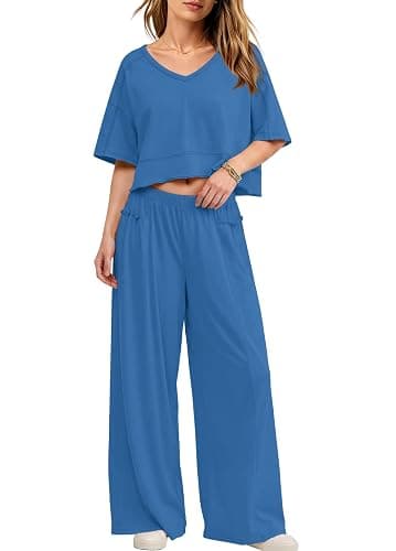 Yanekop Womens Two Piece Lounge Set for Summer Airport Travel Outfit V Neck Crop Tops and Wide Leg Pants with Pockets thumbnail 2