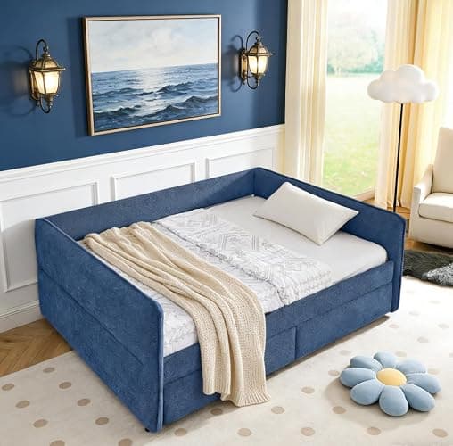 Bellemave Queen daybed with 2 Drawers, Queen Corner Bed, Upholstered Bed Frame with 2 Drawers for Kids,Teens,Adults, Boucle, Blue thumbnail 5