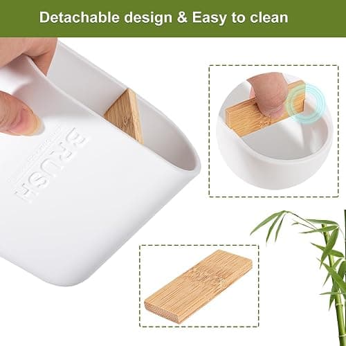 Toothbrush Holders Bamboo Electric Toothbrush Holder Bathroom Storage Organizer Countertop for Toothpaste, Floss, Razor, White thumbnail 4