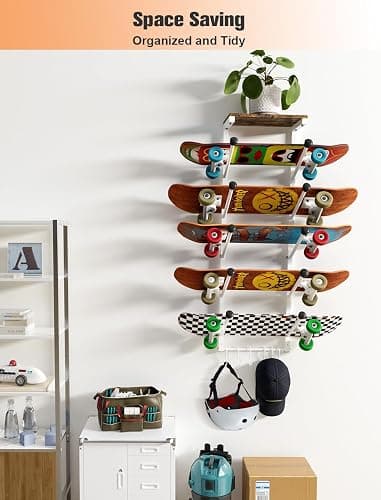 Koutemie Skateboard Rack Wall Mount with Five-Layer Skate Board Stand for Storage Longboard Deck Organizer, Skateboard Wall Display Hanger Holder with 6 Hooks for Home or Garage thumbnail 2