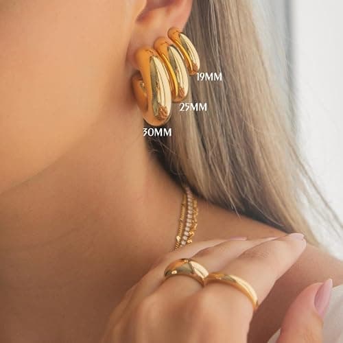 CONRAN KREMIX Waterproof Chunky Gold Hoops Earrings for Women Non Tarnish, Thick Gold Plated Circle Open Hoop,Lightweight Hollow Earrings Trendy thumbnail 3