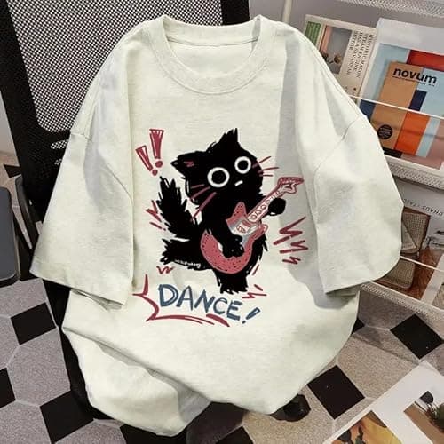 Women Vintage T-Shirt Y2K Cat Graphic Harajuku Tee Tops Summer Emo Grunge Oversized Streetwear Preppy Gothtic Clothes - Grey - Large thumbnail 2