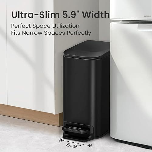 Cesun Small Bathroom Trash Can with Lid, 1.6 Gal, Soft Close, Matte Black | Step pedal soft close, Slim 5.9in fits narrow spaces, Stainless steel, Anti-fingerprint, Removable inner bucket, Odor seal thumbnail 2