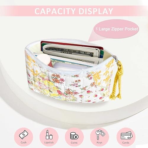 Modacarry Cotton Quilted Floral Coin Purse Digital Camera Pouch with Cute Prints Zipper for Women Girls (YELLOW DISTY PATCH) thumbnail 4