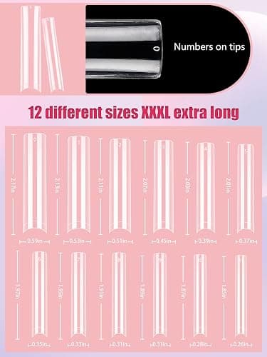 LIONVISON 504PCS No C Curve Clear Nail Tips for Acrylic Nails Professional, 3XL Extra Long Flat Tapered Square Nail Tips, 12 Sizes Half Cover Straight French Fake Nail Tips for Nail Salons Home thumbnail 6