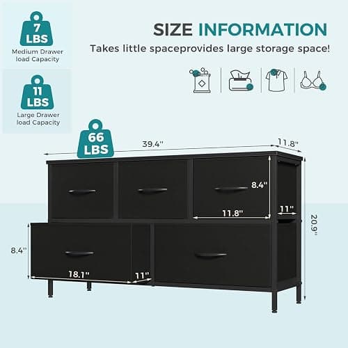 OLIXIS 5 Drawer Dresser for Bedroom, Closet Chest Organizer Furniture, TV Stand for Living Room Hallway, Wide Fabric Storage Tower with Wooden Top and Metal Frame, Black thumbnail 3