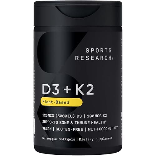 Sports Research® Vitamin D3 + K2 w/ Coconut Oil - Vegan Vitamin D 5000iu & Mk7 Vitamin K 100mcg for Bone & Immune Support - Vegan Certified · Non-GMO · Soy Free - 60 Softgels - Image 1