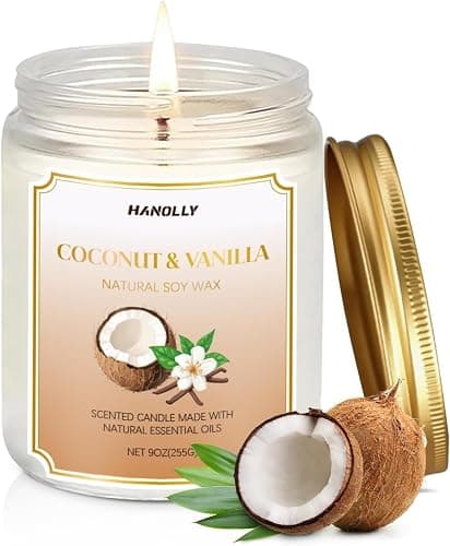 HANOLLY Candele Profumate Cocco & Vaniglia, Candela di Soia Naturali Aromaterapia Rilassante, Candela Profumata Lunga Durata per Yoga e Bagno, Regalo Donna Compleanno Perfetto, Fino a 50 Ore, 255g - Image 1