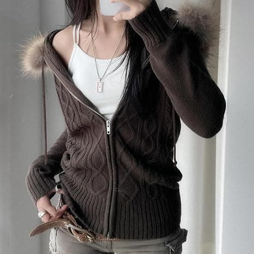 KMBANGI Women Fur Trim Crop Hoodies Zip Up Y2k Long Sleeve Cropped Sweatshirt Zipper Furry Hooded Jacket with Pockets thumbnail 5