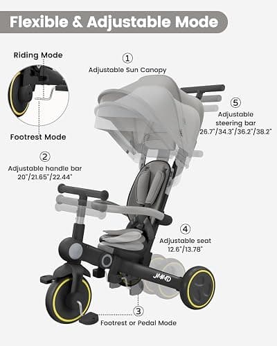 JMMD Baby Tricycle, 7-in-1 Multifunctional Kids Trike with Adjustable Parent Handle, Safety Harness & Wheel Brakes, Removable Canopy, Stroll Trike for Boys & Girls Ages 18 Months-5 Years, Black thumbnail 5