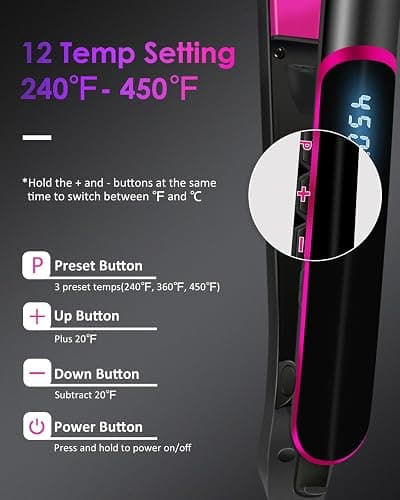 Fabuday Flat Iron Hair Straightener Dual Voltage - Heat Up Quickly, LCD Display & Auto Shut-Off, 12 Adjustable Temp Hot Iron for All Hair Types, 1 Inch Floating Ceramic Plates thumbnail 6