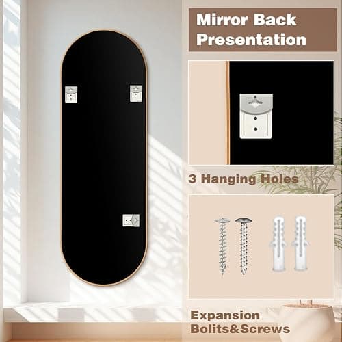 Niccy 65"×22" Oval Full Length Mirrors, Long Wall-Mounted Mirror with Aluminum Frame, Large Body Mirrors for Living Room, Explosion-Proof Hanging Wall Mirror for Bathroom Bedroom Entryway Decor, Gold thumbnail 3