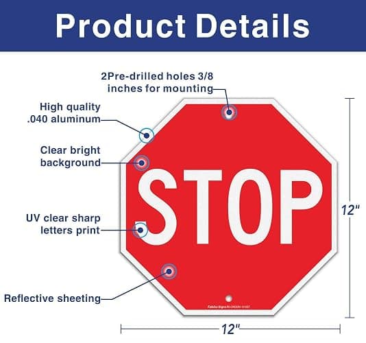 Faittoo Large Stop Sign Street Road Sign 30 x 30 cm. Engineer Grade Reflective Sheeting, Rust Free Aluminum, Weather Resistant, Waterproof, Fade Resistant, 2 Pre-drilled Holes. thumbnail 3