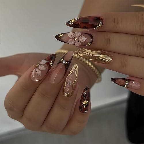 Auroriel 24 Pcs Moyen Amande Pression Sur Ongles Fleurs Marron Manucure Française 3D Or Structure Étoile Ongles Art Pour Ensemble D'Ongles Pour Femmes Manucure - Image 1