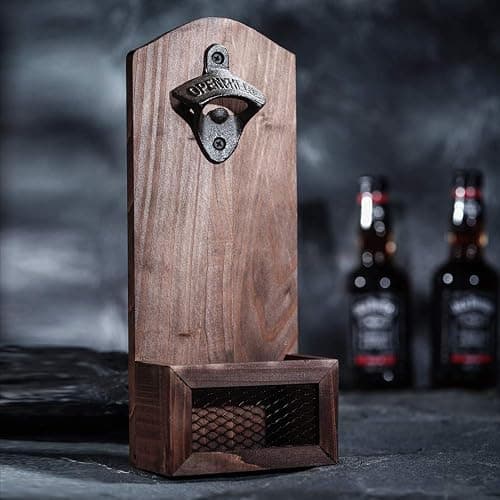 Bottle Opener with Cap Collector Catcher,Vintage Wooden Wall Mounted Bottle Opener,Ideal Gift for Men and Beer Lovers, Use as Bar Decoration. - Image 1