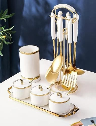 AQUAX Stainless Steel kitchenware seven Pieces Set (White Gold).Cooking Utensils 7 pcs Set with hanging shelf .Include Slotted Spoon, Slotted Spatula, Large Spoon, Soup Ladle, Spatula, Pasta spoon. thumbnail 6
