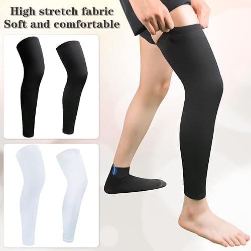 2Pairs Leg Sleeves,Full Leg Compression Sleeve,Compression Long Knee Sleeve,Sports Compression UV Long Leg Sleeves with Anti-slip Silicone Strips for Men Women Running Basketball Football(White&Black) - Medium thumbnail 2