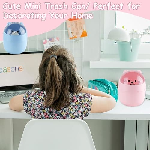 IBEQUEM Mini Trash Can, Cute Small Trash Can with Lid, Desktop Paper Bin with 5 Rolls of Bin Liners, Portable Tabletop Dustbin, Cartoon Animal Rubbish Storage for Office Bedroom Desk Car Kitchen(Pink) thumbnail 7