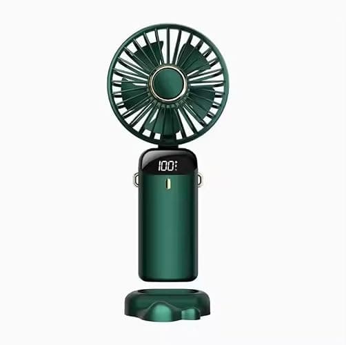 AMPMG LED Digital Display Rechargeable Fan – Portable Handheld & Desk Fan with Adjustable Speeds, USB Charging, Quiet Operation, and Base Stand for Home, Office, Travel and Outdoor Use (Green) - Image 1