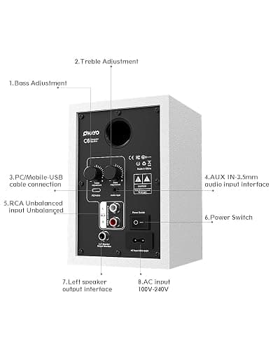 OHAYO 60W Computer Speakers for Music and Gaming, Active Bluetooth 5.3, Stereo 2.0 Speakers for Desktop PC or Laptop, 3.5mm Aux RCA Input, USB-Powered, 1 Pair, White thumbnail 7