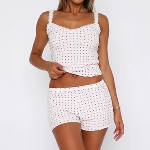 XBTCLXEBCO Women Sexy 2 Piece Pajama Set Sleeveless Lace Trim Crop Cami Top and Shorts Pj Set Y2K Sleepwear Lounge Outfits thumbnail 2