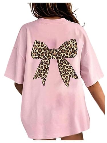 RoseSeek Girl's Bow Leopard Graphic Tees Short Sleeve Preppy Summer T Shirt Aesthetic Baggy Tops - Image 1