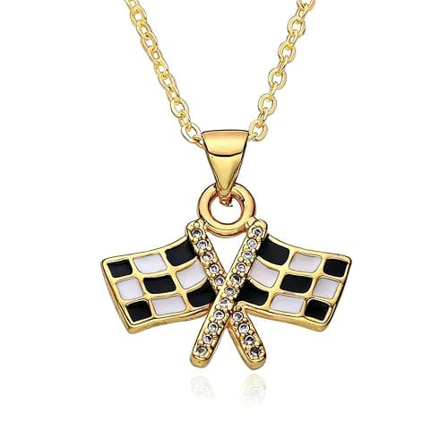 QLYOVWE Checkered Racing Flag Pendant Necklace for Women and Racing Fans Black and White Enamel Crystal Necklace Gold Fashion Jewelry Gifts - Image 1
