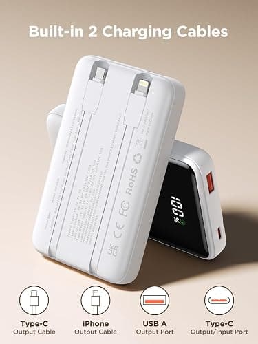 Aioneus Portable Charger, 10000mAh Power Bank 22.5W Fast Charging Portable Charger with Built in Cable Battery Pack USB C Travel Charger for iPhone11 12 13 14 15 16 Samsung GalaxyS24 S23 Android(1 Pk) thumbnail 5